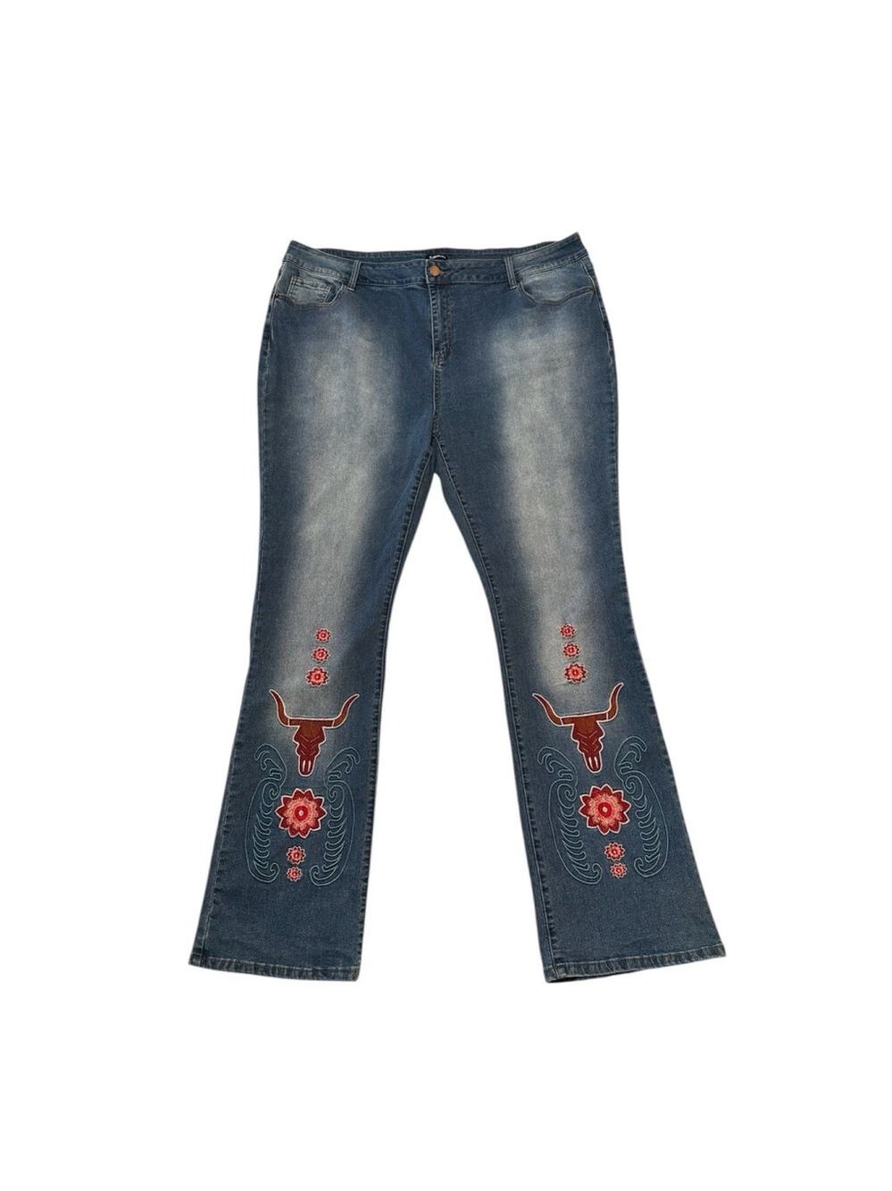 Flamingals Jeans Womens 4X LONG SouthWestern Embroidered High-Rise BLUE Longhorn